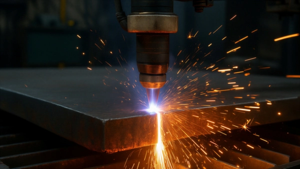 Рабочий производит сварку металлоконструкций на заводе